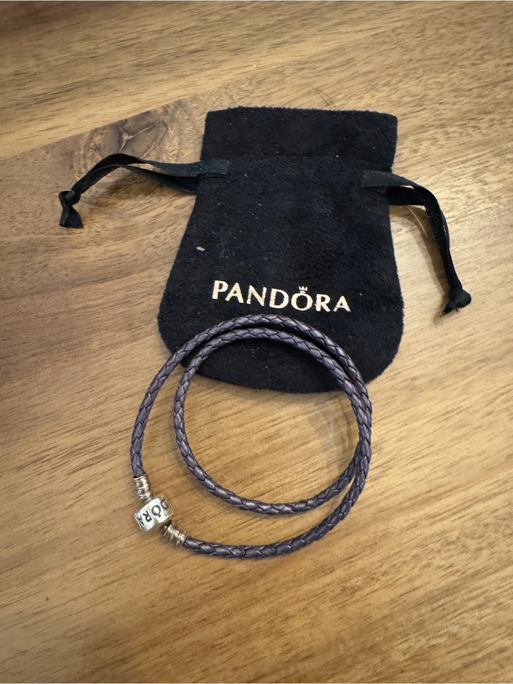 Pandora Purple Braided Leather Double Wrap Bracelet with Silver Clasp